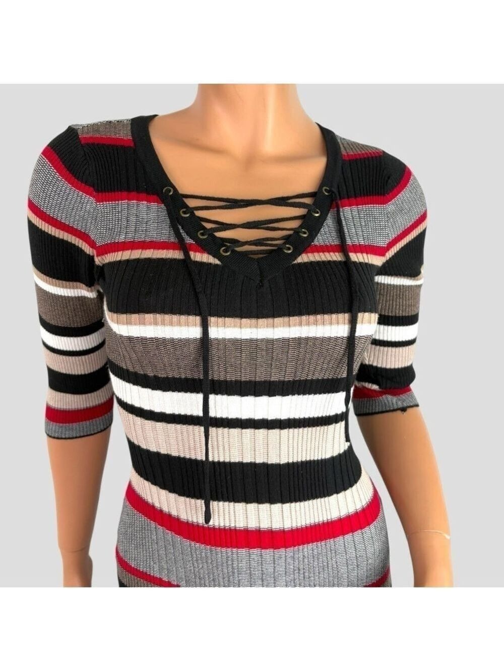 Pink Rose Women’s Rib Knit Midi Dress Lace-up Striped Stretchy Sz S/P Y2K Indie - Picture 2 of 10